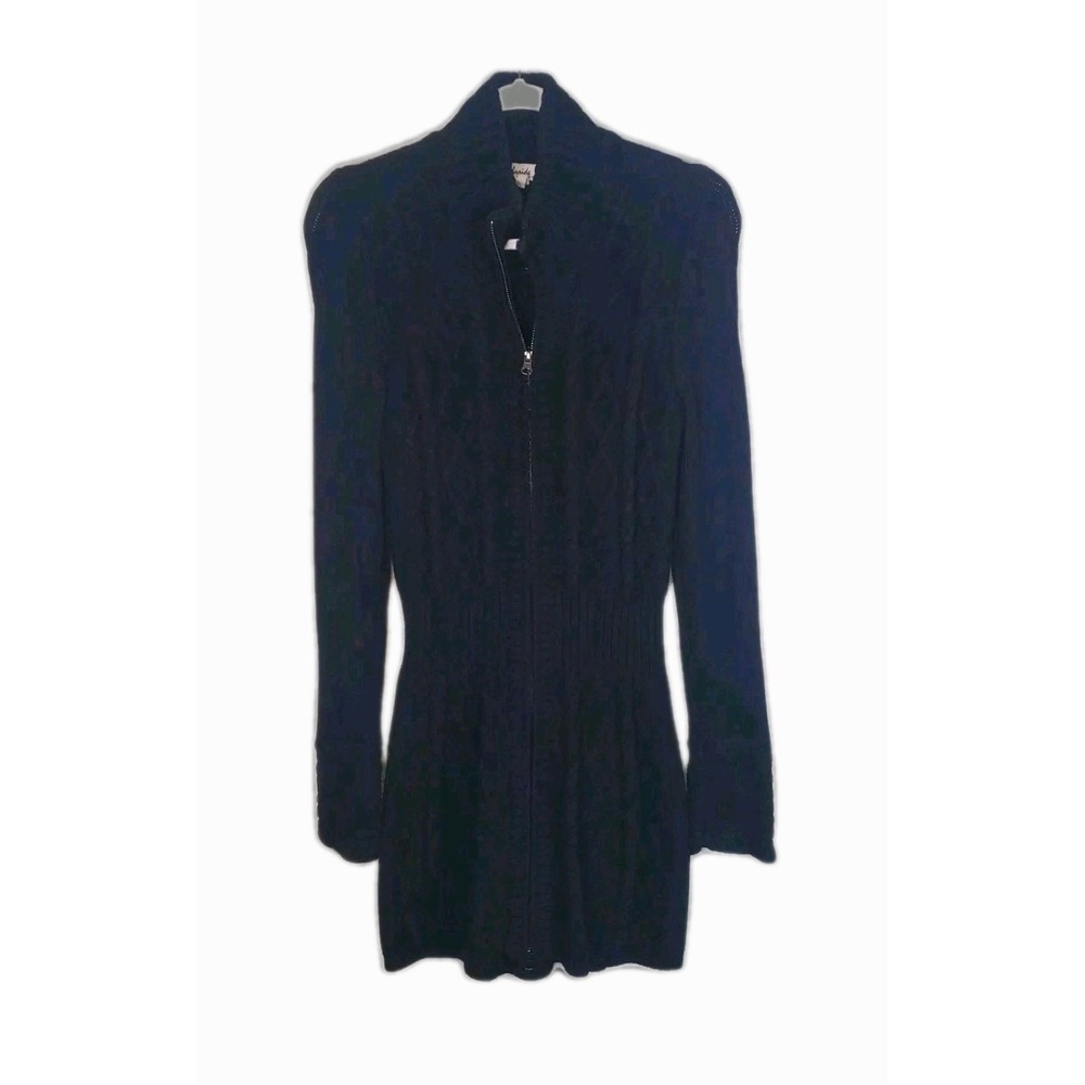 Telluride Clothing Co Long Cable Knit Black Wool Sweater Jacket Medium Zip Front